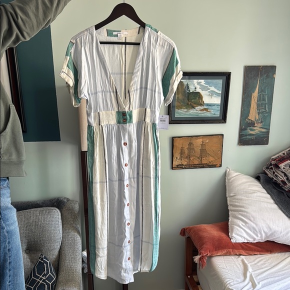 O’Neill small Striped Green and White Button-Down Dress NWT - Picture 1 of 6